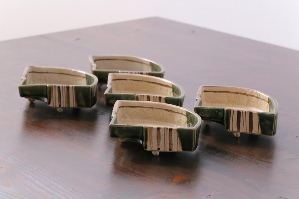 織部焼　松本鉄山作　共箱付き　扇型が小粋な向付5客セット(小皿)