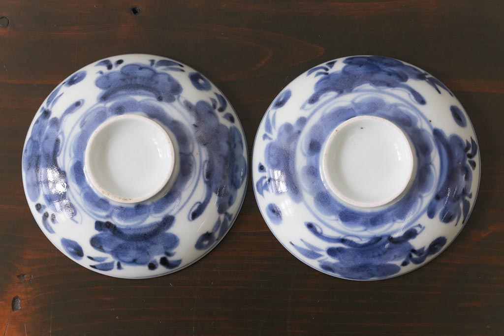 和製アンティーク　江戸期　染付　優しい色合いが親しみ感じる蓋茶碗2客セット(和食器)