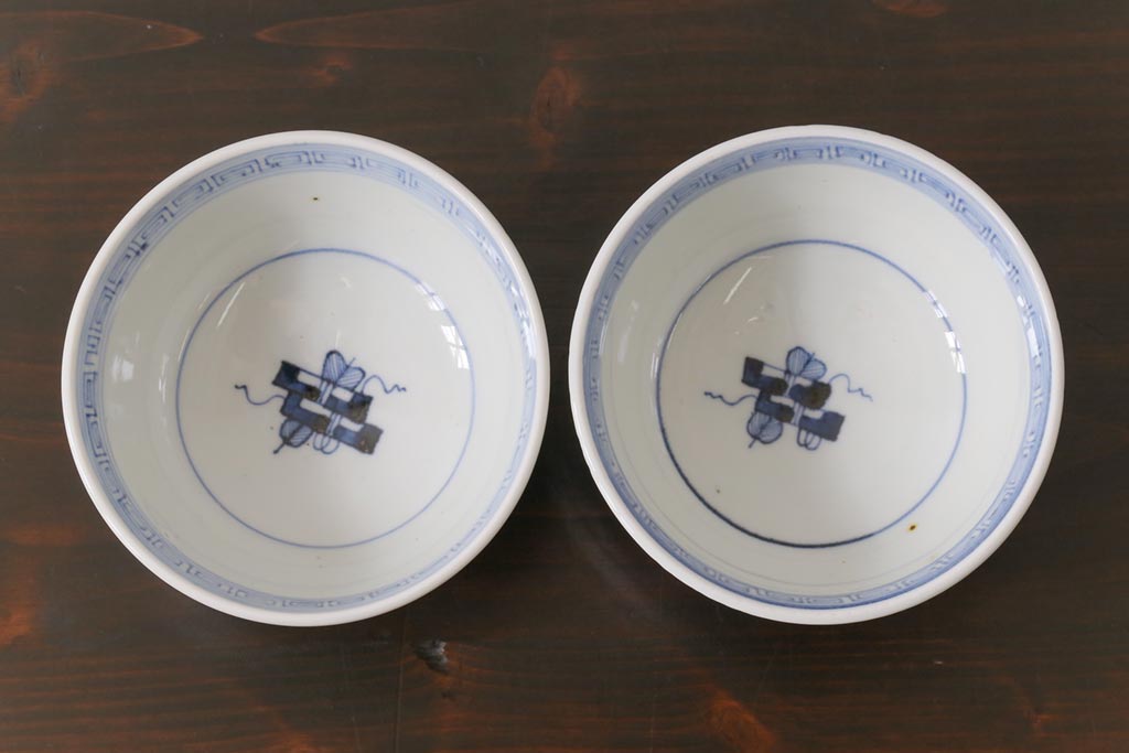 古民具・骨董　幕末明治期　味のある絵柄のアンティーク蓋付茶碗2客セット(和食器)(3)