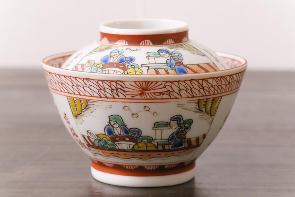 幕末明治期　赤絵染付　味わいある絵柄の蓋茶碗2客セット(和食器)(1)