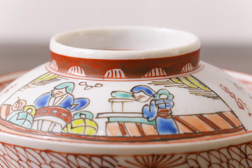 幕末明治期　赤絵染付　味わいある絵柄の蓋茶碗2客セット(和食器)(1)