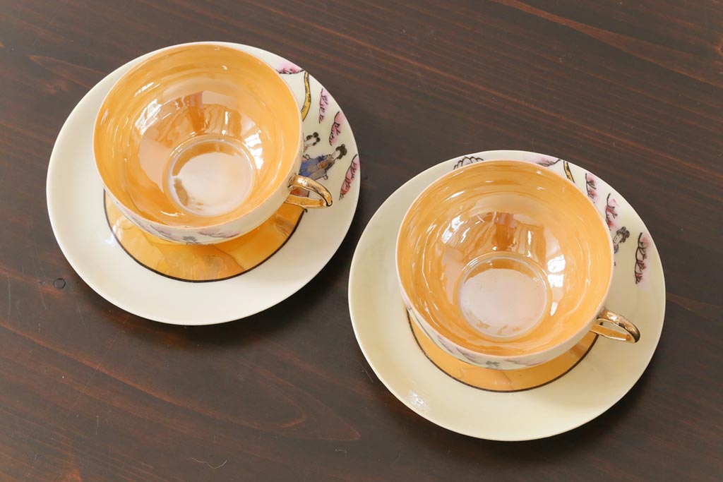 和製アンティーク　大正昭和初期　パールのように輝くカップ&ソーサー2客セット(1)