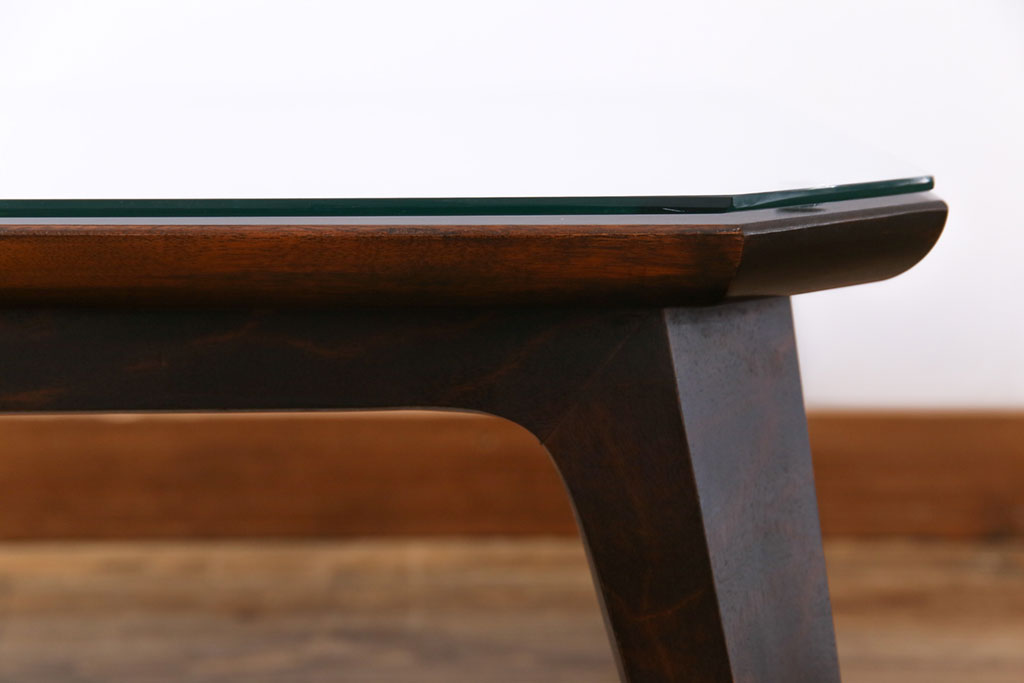 ビンテージ　松本民芸家具　面取りデザインがおしゃれなガラス天板付きセンターテーブル(ローテーブル、座卓)