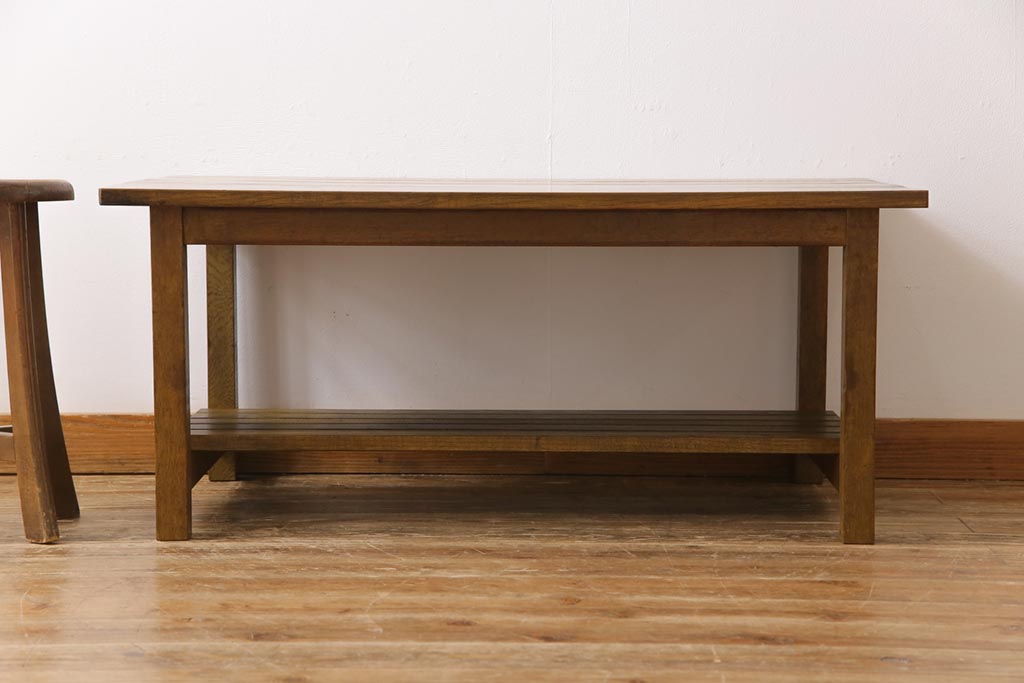 リメイク家具　ナラ材　素朴な木の風合いがレトロなセンターテーブル(ローテーブル、リビングテーブル、作業台)(1)
