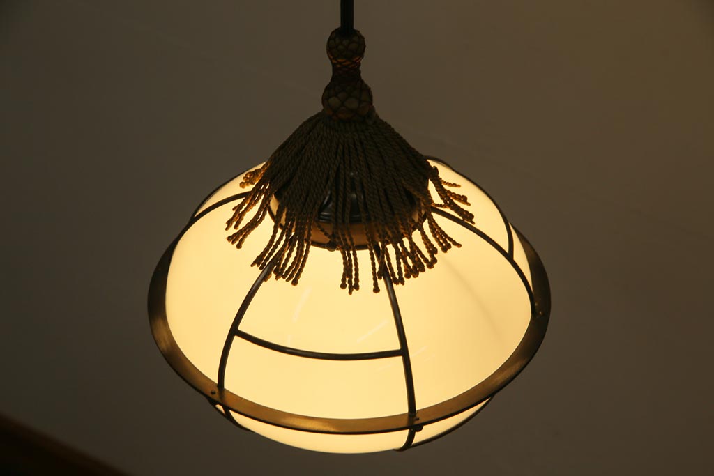 和製アンティーク　戦前　銅巻き　珍しいデザインのタッセル(飾り房)付き天井照明(吊り照明、電笠、シェード)