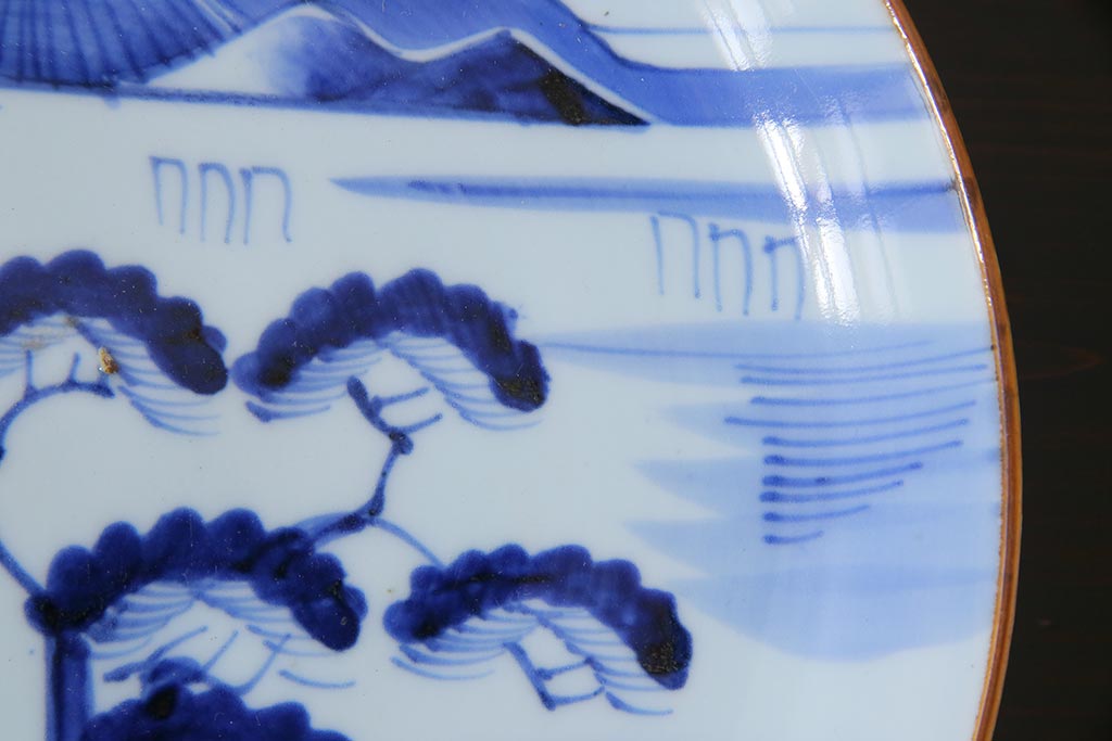 古民具・骨董　幕末期　山水図　趣深いアンティークの大皿(和食器)