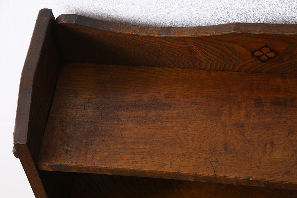 レトロ家具　昭和レトロ　タモ材　象嵌がポイントになったブックシェルフ(本棚、飾り棚、オープンラック)