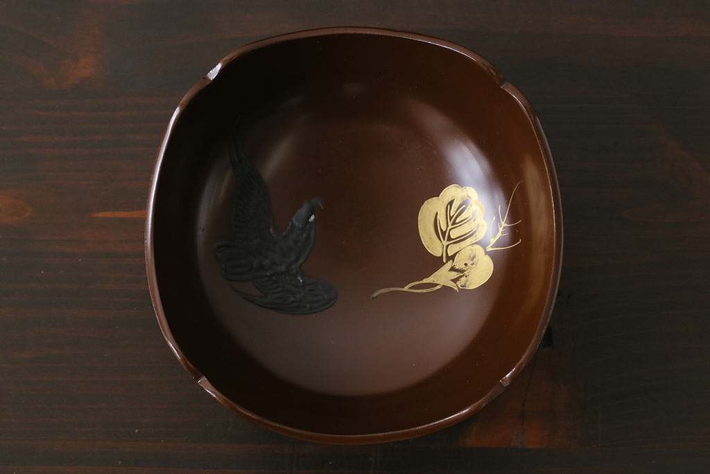 和製アンティーク　花鳥図　金彩が鮮やかな木製漆器小鉢(向付、小皿、和食器)