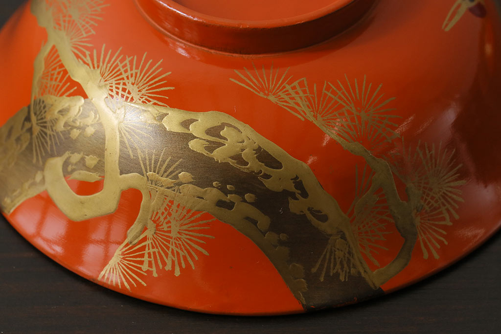 和製アンティーク　松に鶴の図　華やかで縁起の良い柄の木製お椀(漆器、和食器)4客セット