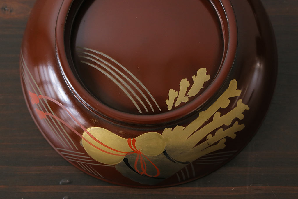 アンティーク雑貨　和製アンティーク　瓢箪の図　シックな雰囲気の木製お椀(漆器、和食器)7客セット