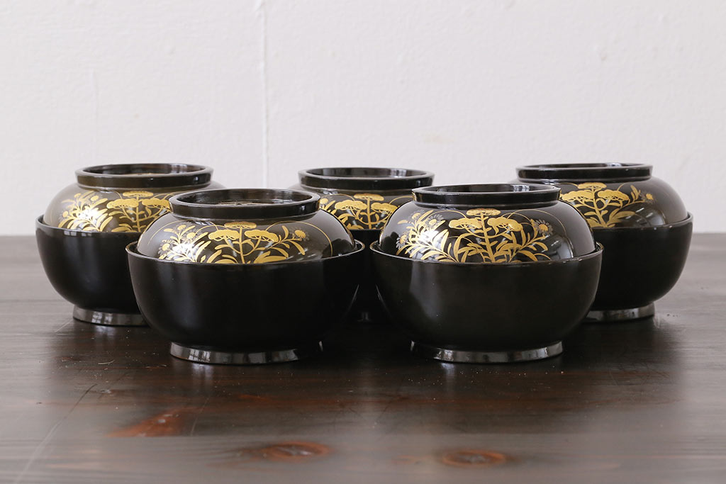 和製アンティーク　大正昭和初期　蝶や草花の蒔絵が品のある木製のお椀5客セット(漆器)