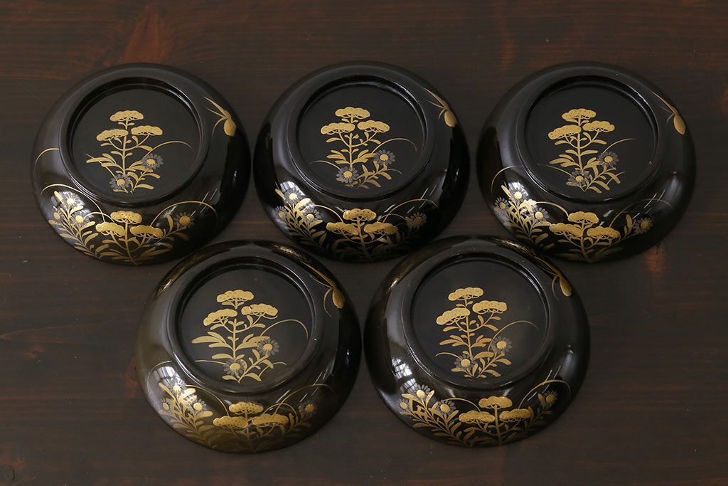 和製アンティーク　大正昭和初期　蝶や草花の蒔絵が品のある木製のお椀5客セット(漆器)