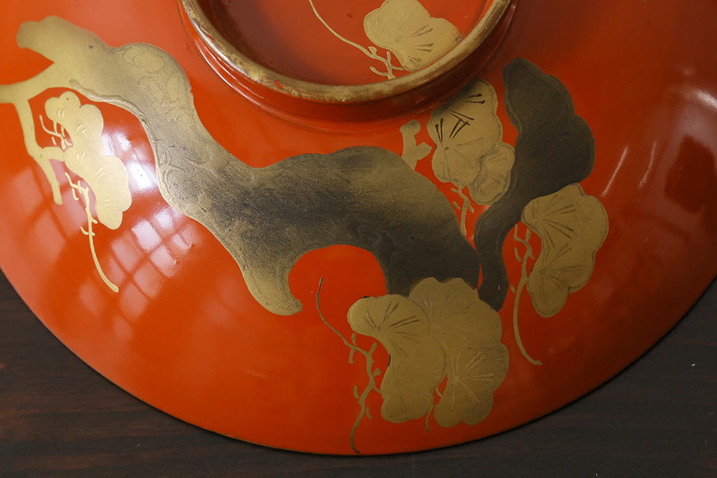 和製アンティーク　松・鶴図柄　縁起物の蒔絵が美しい木製椀5客セット(漆器、和食器)