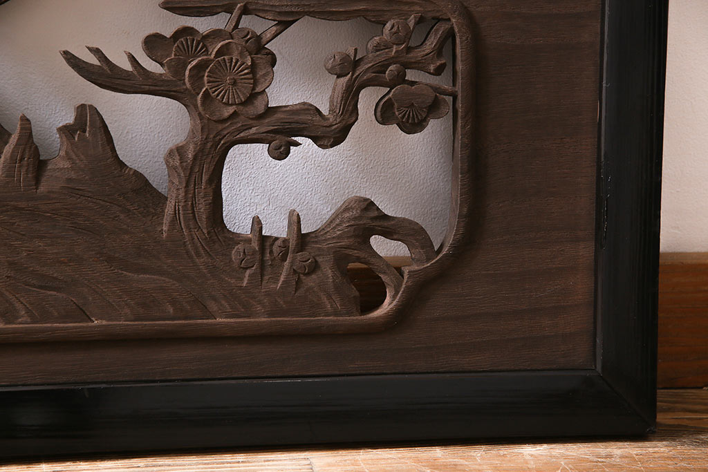 和製アンティーク　桐材　花鳥図　奥行のある構図が見事な透かし彫りの欄間(明かり取り、装飾品)(1)