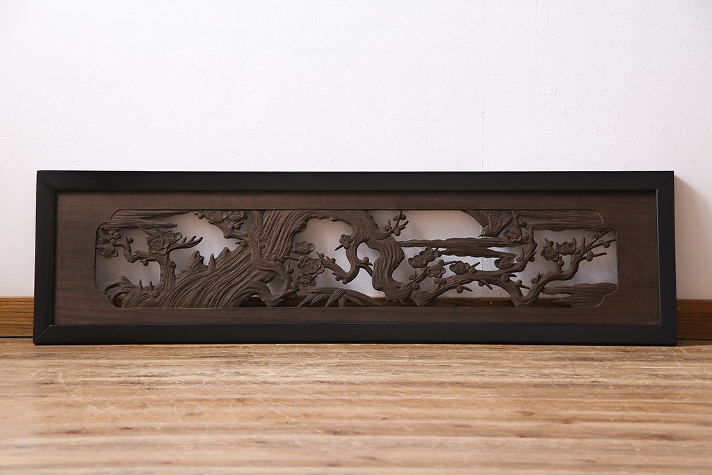 和製アンティーク　桐材　花鳥図　奥行のある構図が見事な透かし彫りの欄間(明かり取り、装飾品)(1)