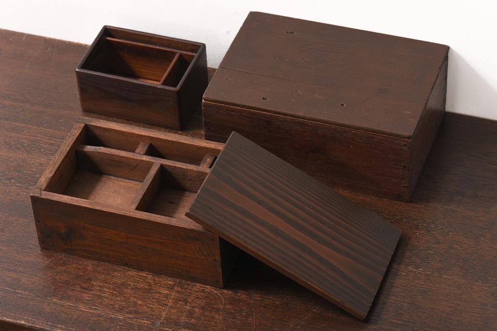 アンティーク雑貨 昭和初期 小物収納に便利な味わいのある木箱3個セット 小箱 印箱 ラフジュ工房
