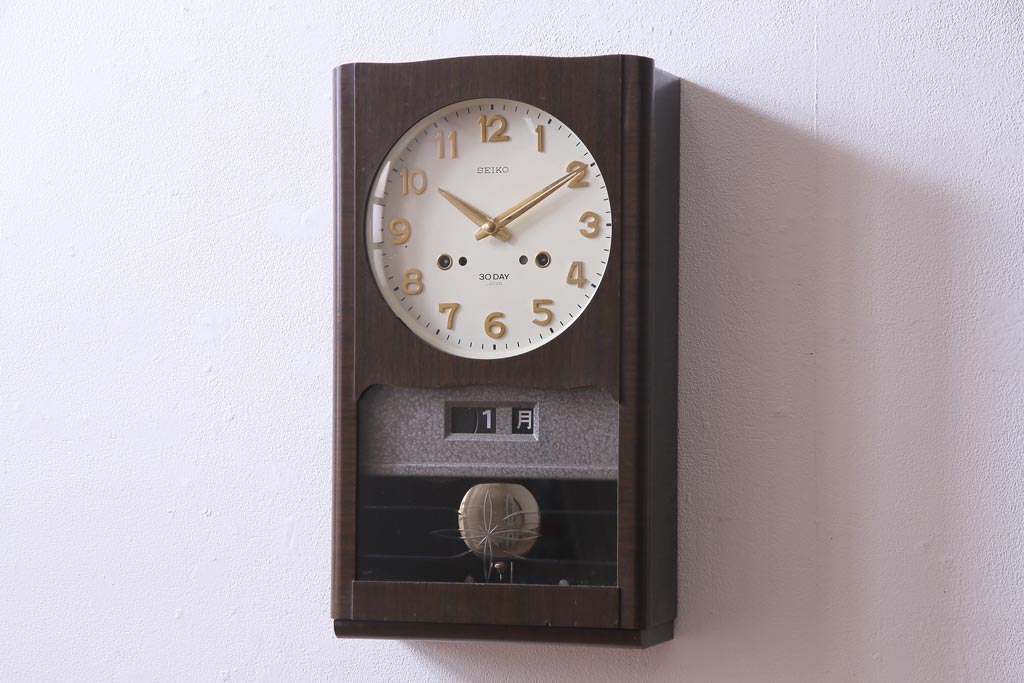 アンティーク雑貨 昭和レトロ SEIKO(セイコー)製 4PC 手巻き式振り子時計 1ヵ月巻掛時計(柱時計、壁掛け時計) ラフジュ工房
