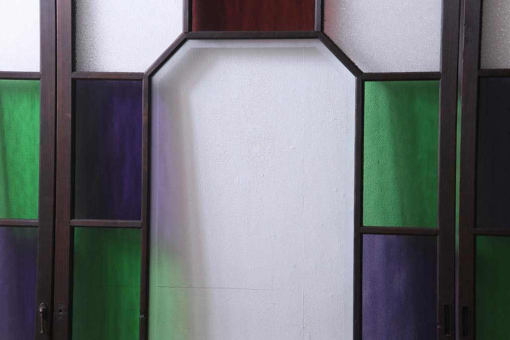 大正ロマン　ダイヤガラス入り　3色の色ガラスが目を引くモダンなガラス戸4枚セット(引き戸、建具)