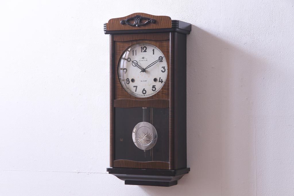 アンティーク雑貨　昭和レトロ　Meiji(明治時計社)　CASTLE　14DAY　手巻き式柱時計(振り子時計、掛け時計)