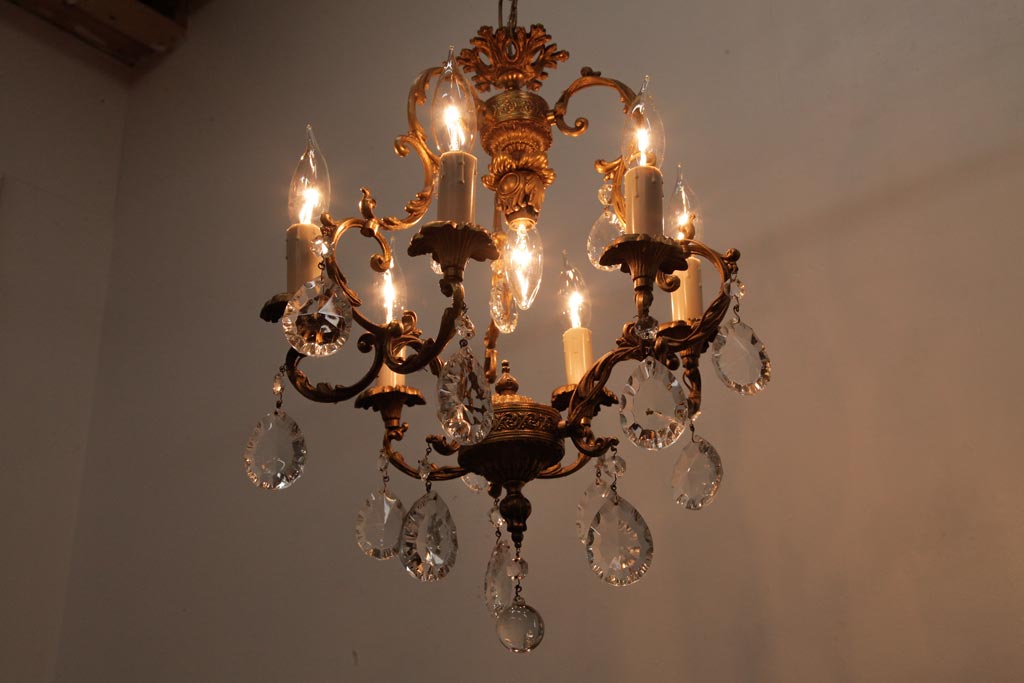 フランスアンティーク　ガラスドロップ　激レア!7灯　ケージ型シャンデリア(天井照明、吊り下げ照明)