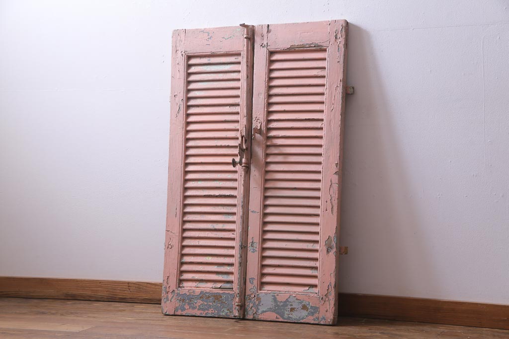 ジャンク品　フランスアンティーク　オリジナルペイントが趣あふれるルーバー扉1対(両開き窓、建具)
