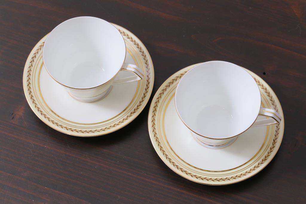 中古　オールドノリタケ(Noritake、則武)　月桂樹-М　CALIBAN　品のあるデザインが素敵なカップ&ソーサー2客セット(洋食器)(2)