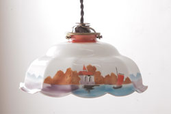 フランスアンティーク　湖のほとりが描かれた絵画のようなペンダントライト(天井照明)