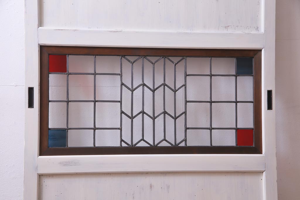 和製アンティーク　ラフジュ工房オリジナルステンドグラス　古建具リメイク　ステンドグラスを組合せたシャビーなペイント板戸1枚(引き戸、建具)