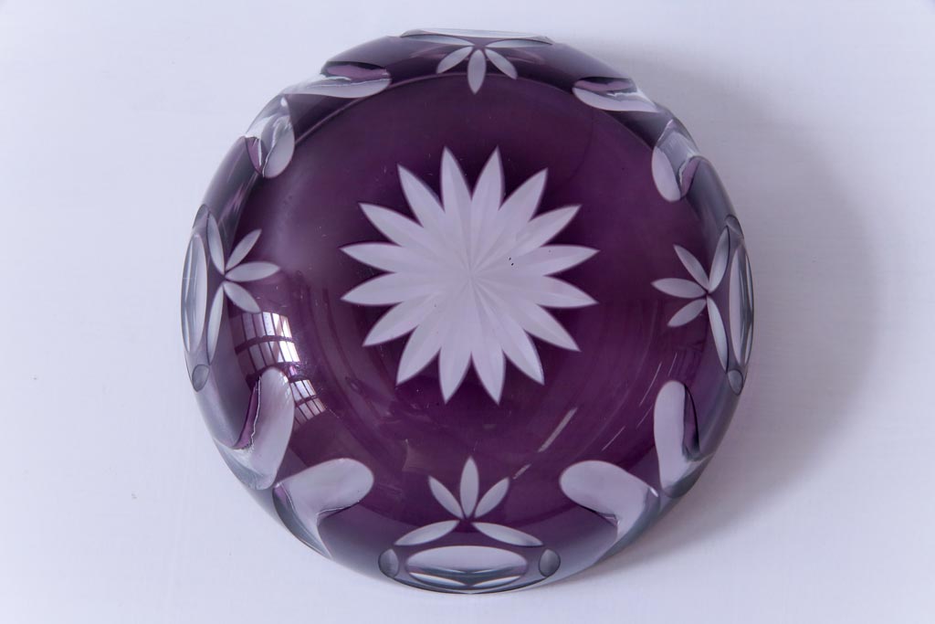 アンティーク雑貨　古民具　昭和初期　紫被せ切子ガラスボウル(深鉢、和ガラス)