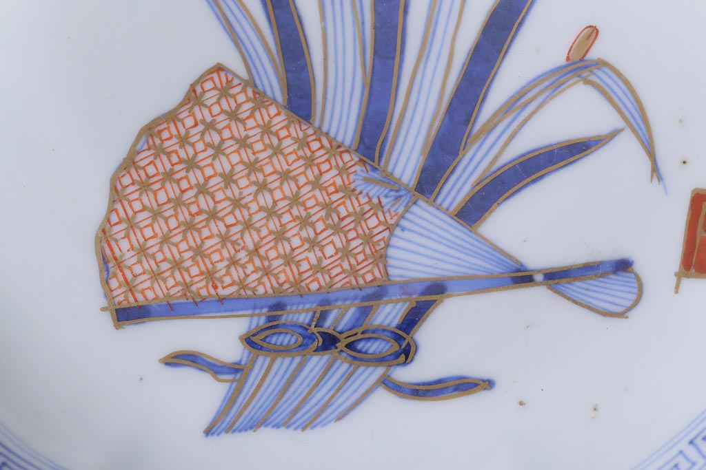 古民具・骨董　江戸期　扇と水仙　細かく描き込まれた図柄の7寸皿(和食器)2枚セット