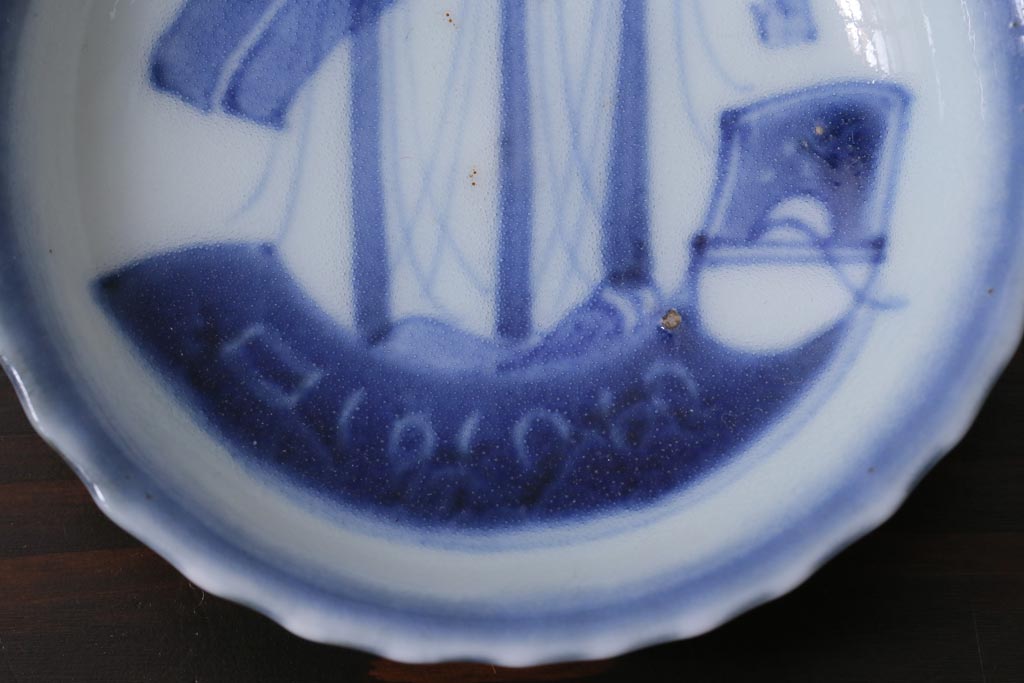 骨董　江戸期　古伊万里　船の図　染付　3.3寸小皿3枚セット(和食器)