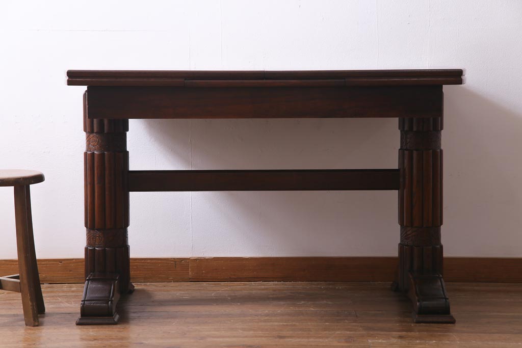 イギリス　アンティーク家具　オーク材　重厚な佇まいのドローリーフテーブル(エクステンションテーブル、ダイニング)