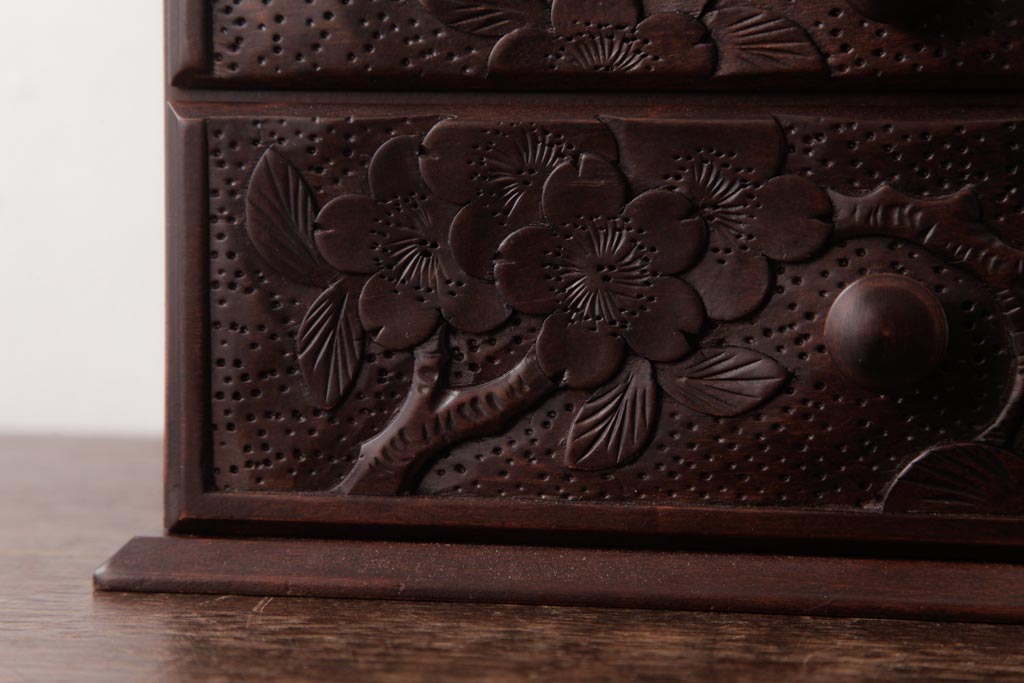 中古　軽井沢彫り　大阪屋家具店　桜の彫刻が美しい姫鏡台(卓上ドレッサー、メイクボックス)