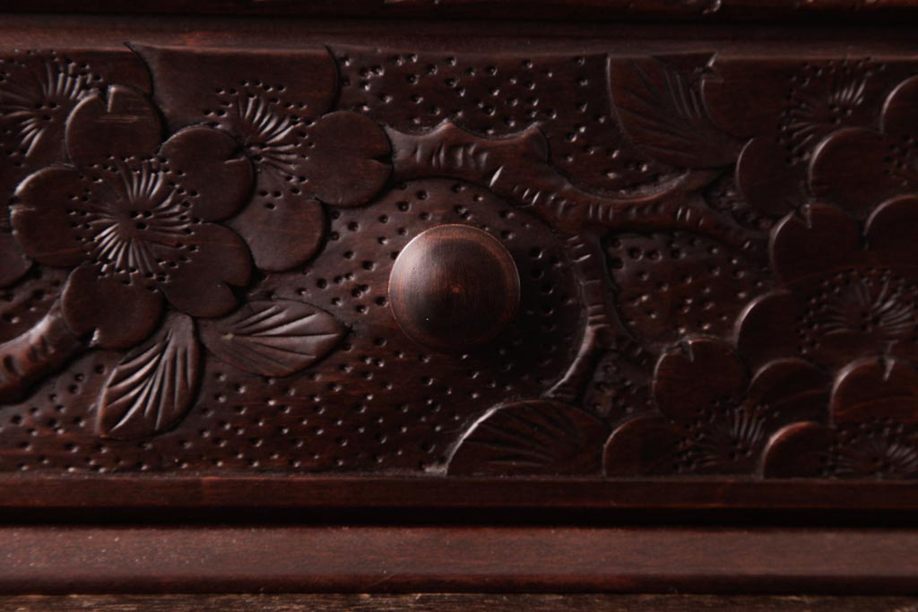 中古　軽井沢彫り　大阪屋家具店　桜の彫刻が美しい姫鏡台(卓上ドレッサー、メイクボックス)
