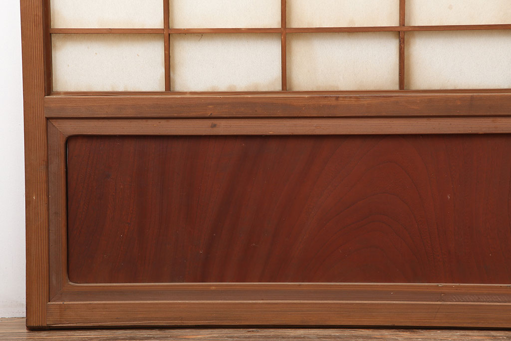 アンティーク建具　腰板ケヤキ材　横額入り障子戸2枚セット(ガラス帯戸、引き戸、建具)(R-036764)