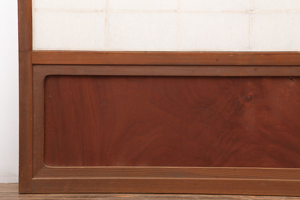 アンティーク建具　腰板ケヤキ材　横額入り障子戸2枚セット(ガラス帯戸、引き戸、建具)(R-036767)