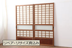 昭和レトロ　シックなカラーのペイントガラス戸(建具、引き戸)2枚セット