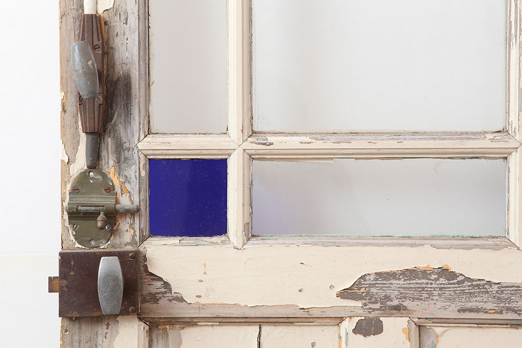 アンティーク建具　フランスアンティーク　パイン材　色ガラスがおしゃれな木製ドア(扉、建具)(R-037016)