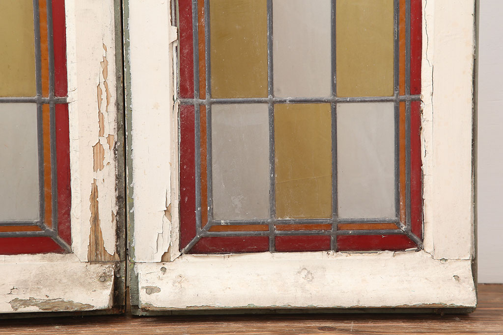 アンティーク建具　フランスアンティーク　クリアとイエローのチェックがお洒落なステンドグラスの窓一対・大(ガラス扉)(R-037021)
