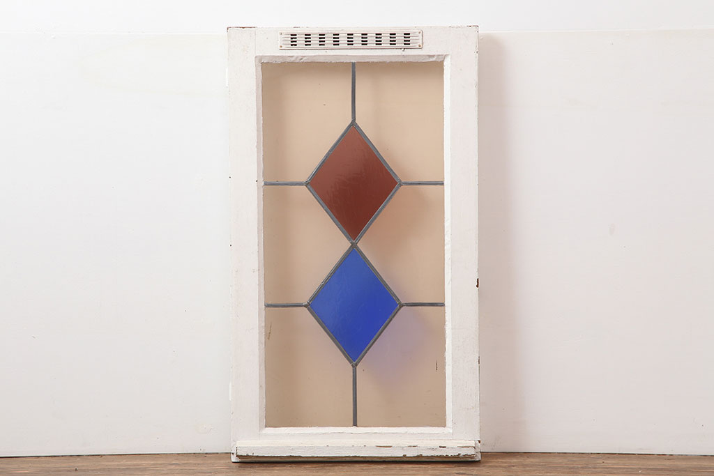 ヴィンテージ建具　フランスビンテージ　ステンドグラス　ホワイトペイントのシャビーな小窓(扉、建具)(R-037025)