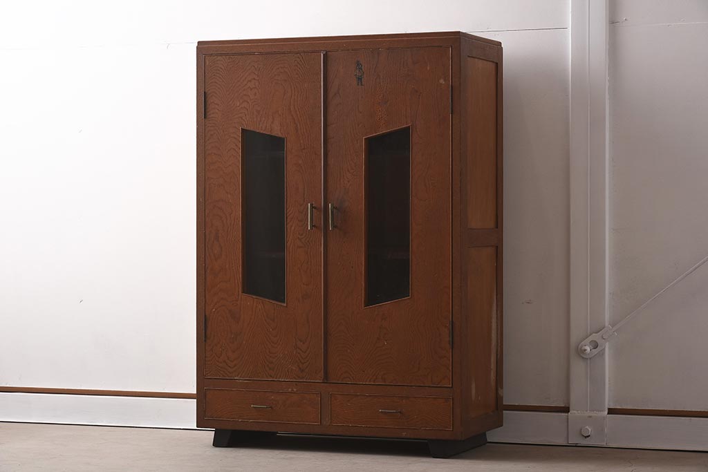 レトロ家具 昭和レトロ 扉のデザインがユニークな脚付き本箱(ブックケース、収納棚、戸棚)(R-037255) | ラフジュ工房