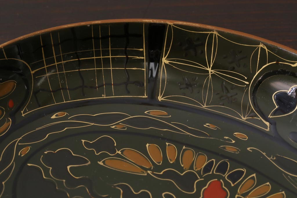 アンティーク雑貨　昭和初期　大内塗　漆塗り　深みのある緑色がシックな印象の木製皿6枚セット(漆器、和食器)(R-037383)