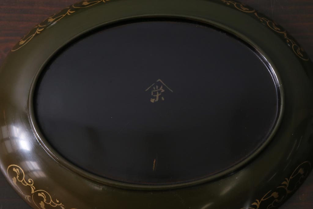 アンティーク雑貨　昭和初期　大内塗　漆塗り　深みのある緑色がシックな印象の木製皿6枚セット(漆器、和食器)(R-037383)