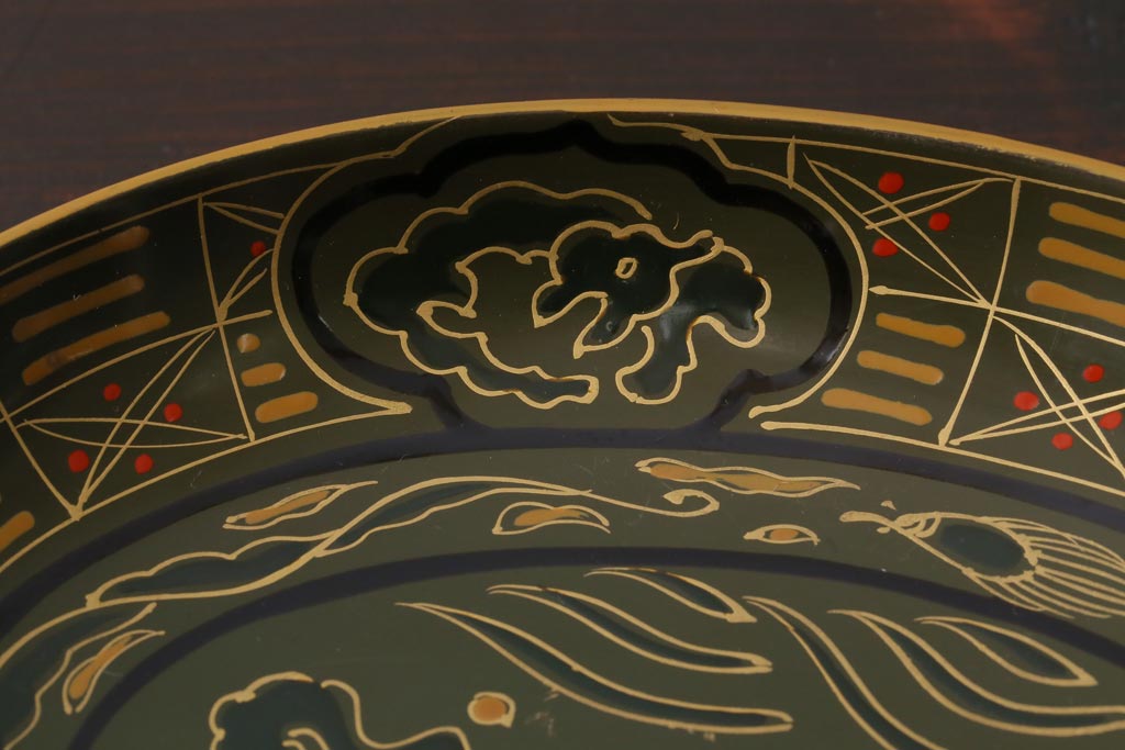 アンティーク雑貨　昭和初期　大内塗　深みのある緑色がシックな印象の木製皿6枚セット(漆器、和食器)(R-037384)