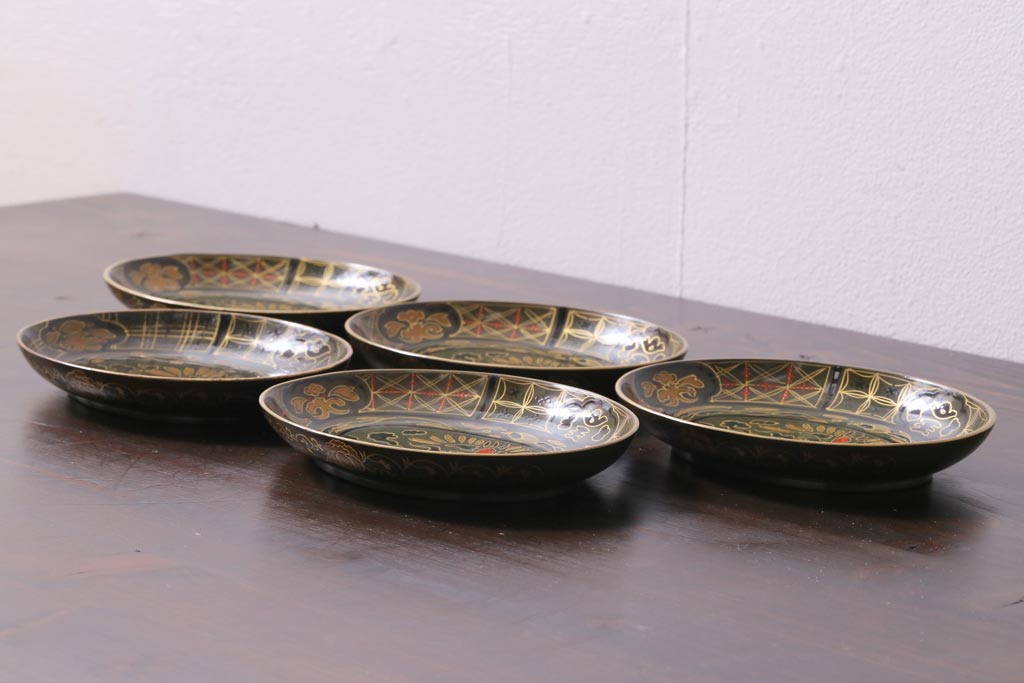 アンティーク雑貨　昭和初期　大地塗　深みのある緑色がシックな印象の木製皿5枚セット(漆器、和食器)(R-037385)