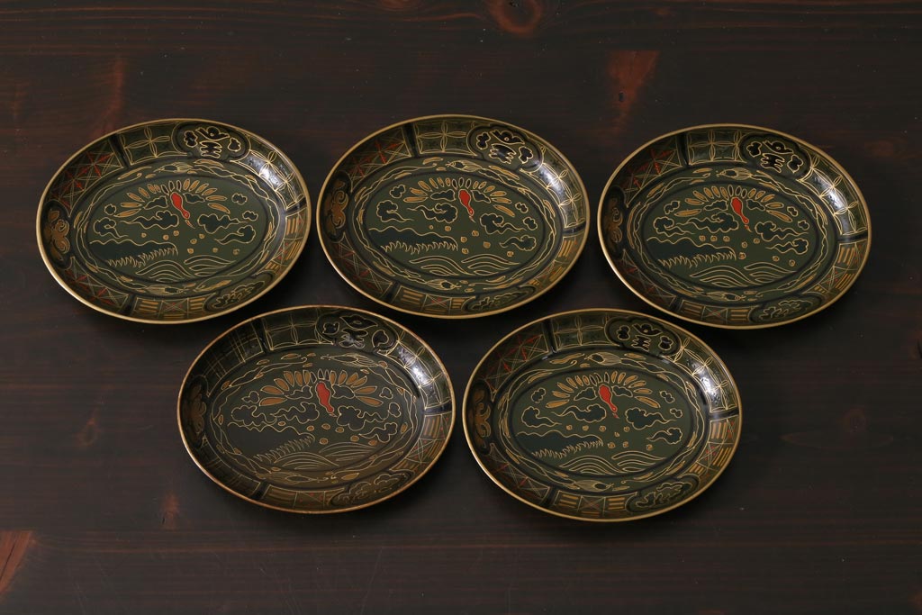 アンティーク雑貨　昭和初期　大地塗　深みのある緑色がシックな印象の木製皿5枚セット(漆器、和食器)(R-037385)