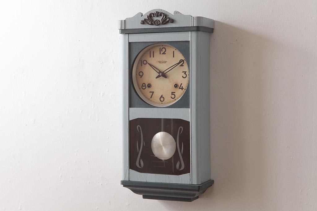 アンティーク雑貨 GMマーク ゼンマイ式 レトロなペイントがお洒落な掛け時計(振り子時計、柱時計)(R-037530) ラフジュ工房