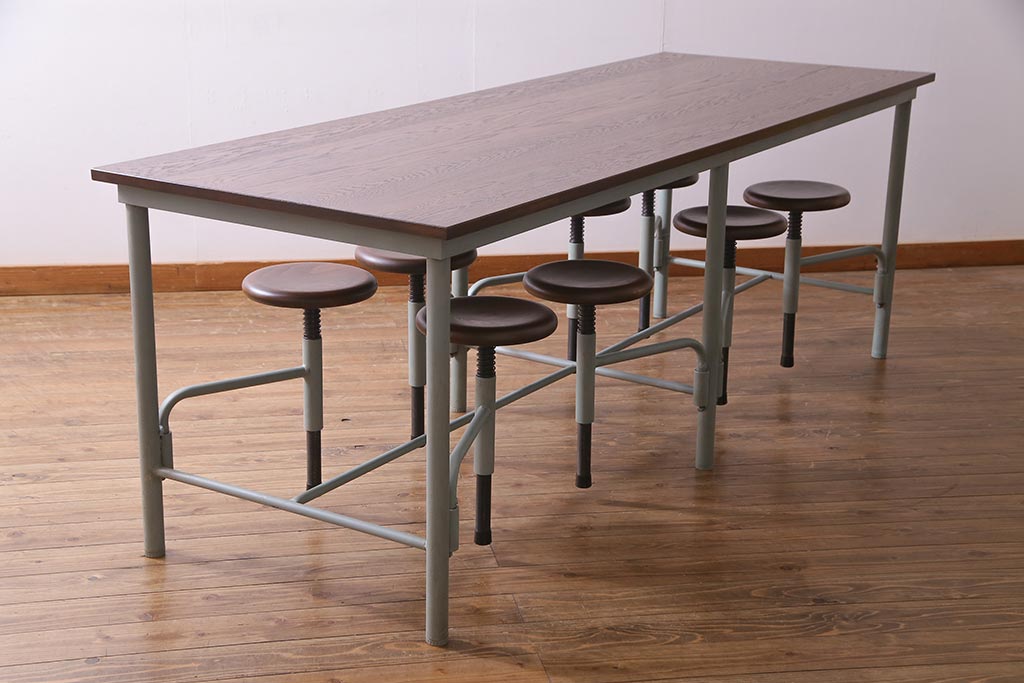 ラフジュ工房オリジナル ペイント　格納スツール付き8人掛けテーブル(ダイニングテーブル、作業台)(R-037538)