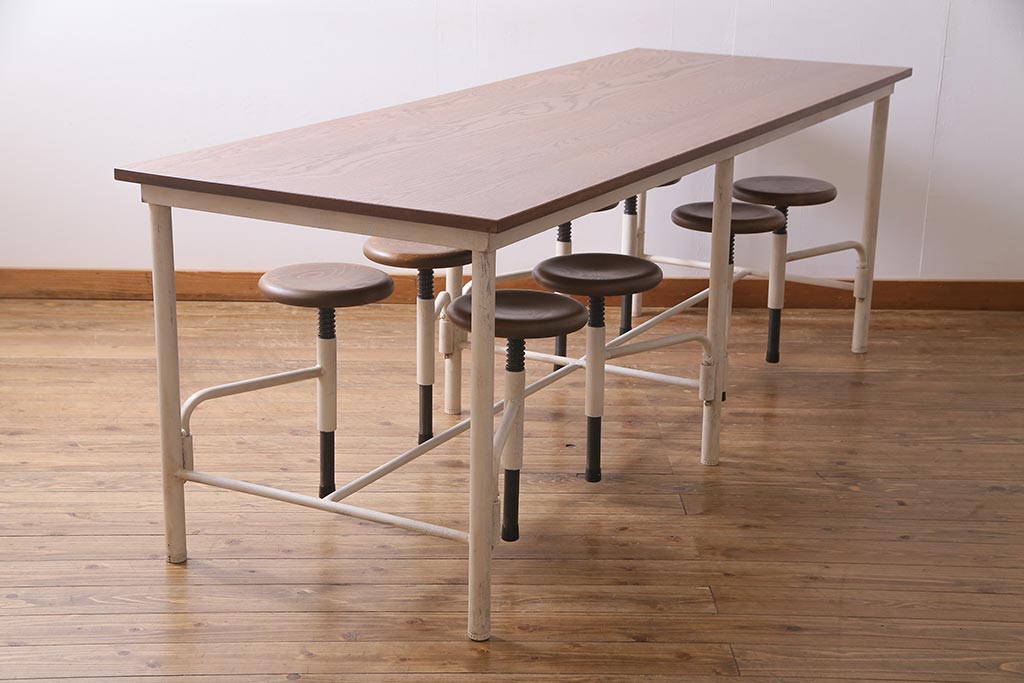 ラフジュ工房オリジナル ペイント　格納スツール付き8人掛けテーブル(ダイニングテーブル、作業台)(R-037539)