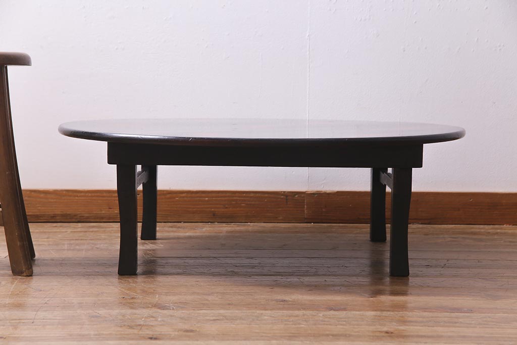 アンティーク家具　根来塗り　朱と黒の漆が味わい深い丸ちゃぶ台(折りたたみテーブル、ローテーブル)(R-037898)
